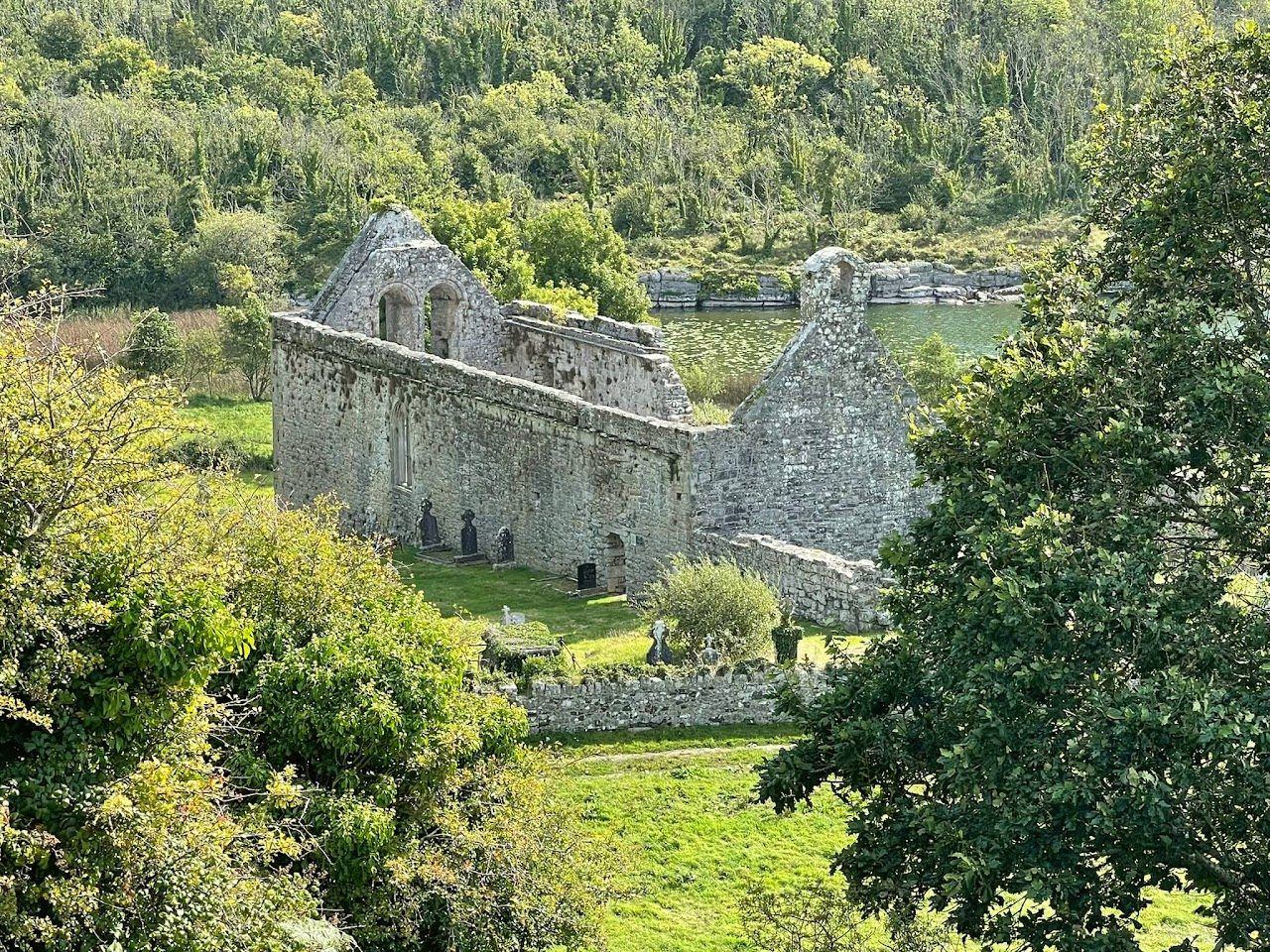 Killone Abbey above the lake