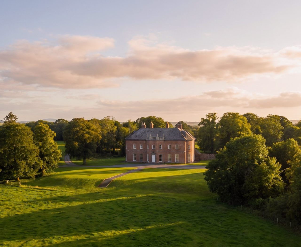 Golden-hour aerial of Newhall House in its parkland