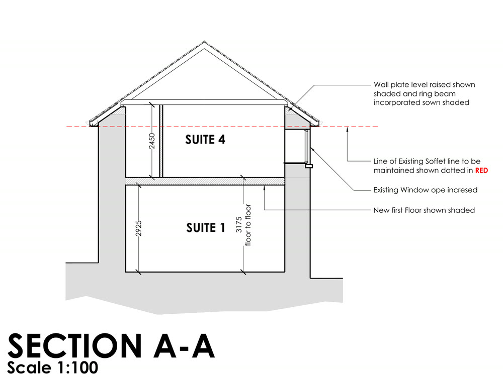 The Coachhouses — section A-A through suites 1 and 4